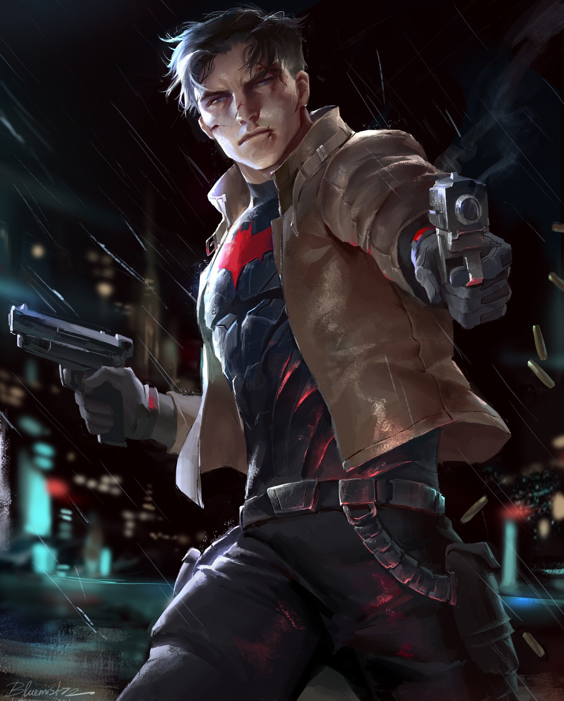 Jason Todd as Red Hood from DC Comics aims two guns, his black hair tousled, wearing a jacket over his iconic red bat symbol costume in an intense urban night scene.
