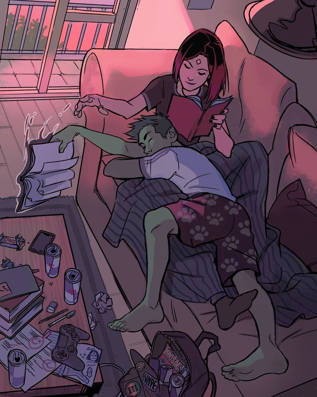 Raven (short hair) reads on a couch while Beast Boy/Garfield Logan (green hair) sleeps across her lap under a blanket; socks and feet visible, backpack, book and Teen Titans comic scattered nearby.