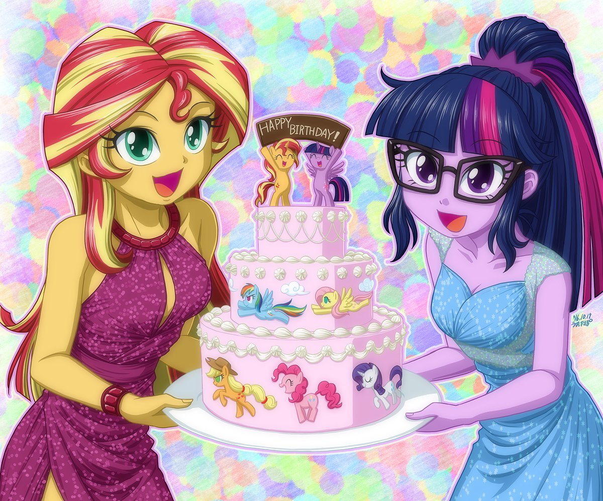 Download Two-toned Hair Happy Birthday Rarity (My Little Pony) Applejack (My Little Pony) Cake Pinkie Pie Fluttershy (My Little Pony) Rainbow Dash Twilight Sparkle Sci-Twi (My Little Pony) Sunset Shimmer TV Show My Little Pony: Equestria Girls Art