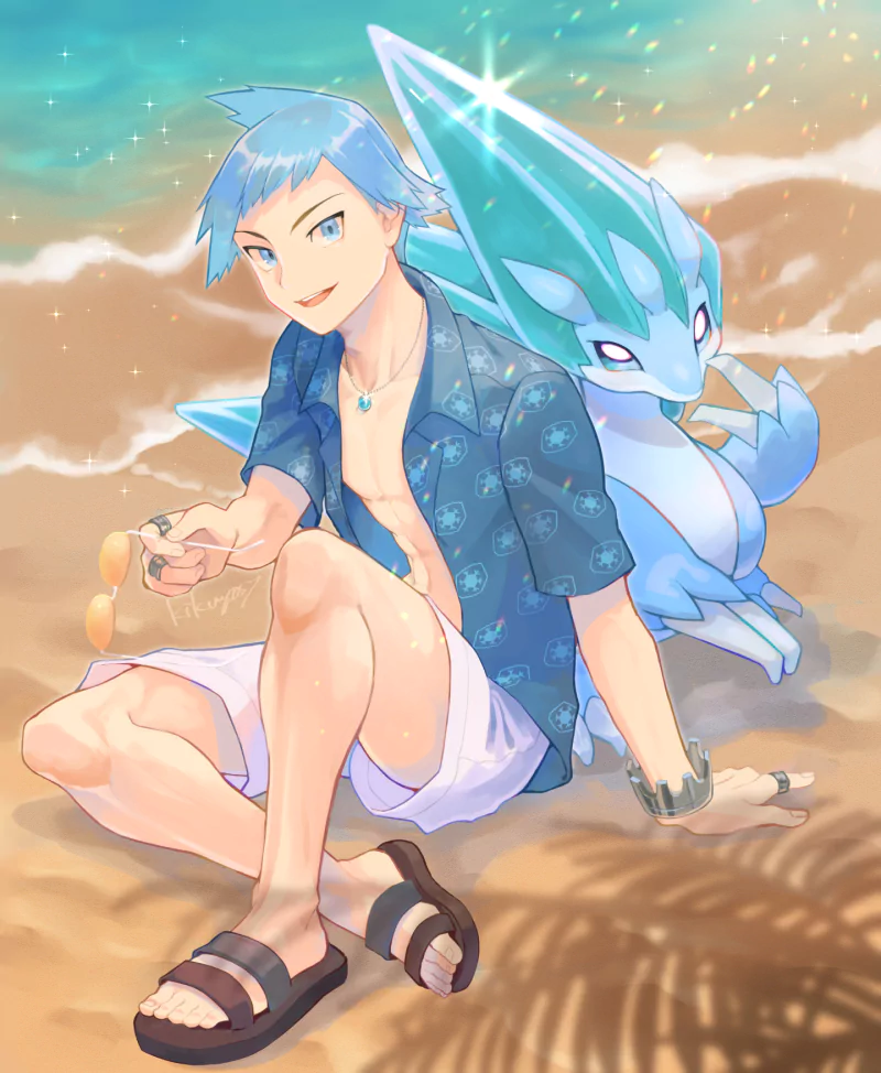 Pokemon legs blue hair beach feet sandal Sandslash (Pokémon) Alolan Sandslash Steven Stone (Pokémon) video game Pokémon Masters EX Image