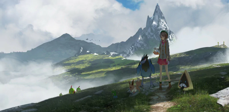 Gloria (Pokémon) from Pokémon: Sword and Shield stands on a misty mountain path with her Eevee (Pokémon) and other Pokémon, overlooking a grassy valley and jagged distant peaks.