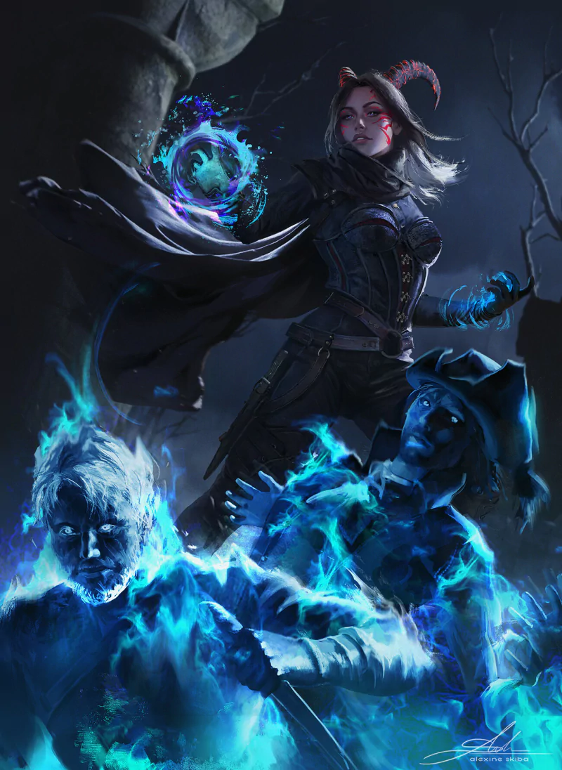A woman warrior clad in dark armor wields glowing magic, summoning ethereal blue spirits in a dark, fantasy setting.