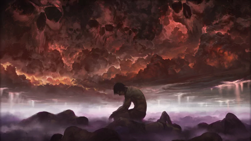 A man-made, dark and eerie Magic: The Gathering scene depicts a lone figure kneeling on rocky terrain beneath a sky filled with ominous skull-shaped clouds.