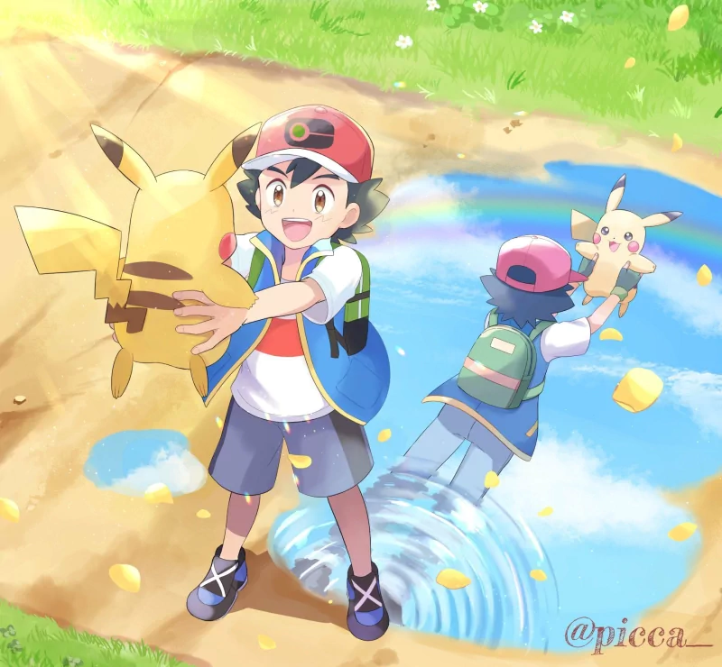 Anime-style scene of Ash Ketchum gleefully holding Pikachu by a pond, their reflections mirrored in the water with sunlight glinting off the grassy bank.