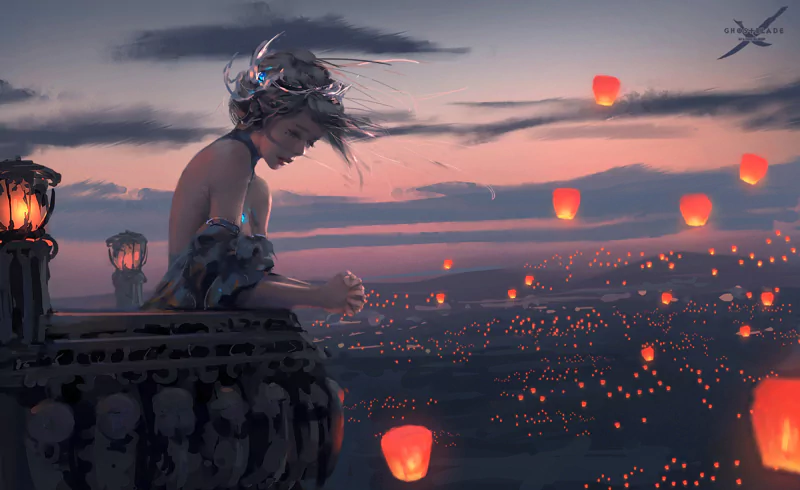 A melancholic figure with grey hair sits by a lantern, gazing at floating lights in the landscape. The scene captures a poignant moment in a comic style, evoking a sense of longing.
