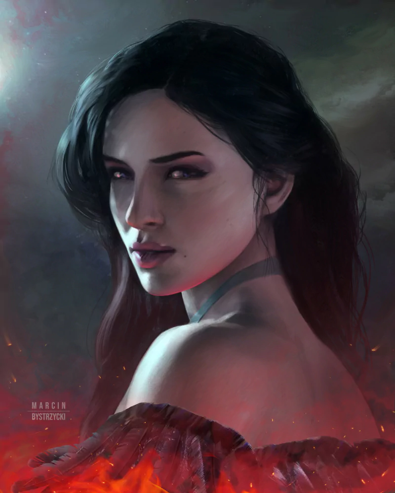 Yennefer of Vengerberg (The Witcher 3: Wild Hunt): dark-haired sorceress glances over her shoulder against a smoky, ember-lit background.