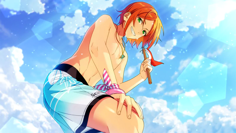 Hinata Aoi (Ensemble Stars) sky shorts green eyes red hair video game Ensemble Stars! Image