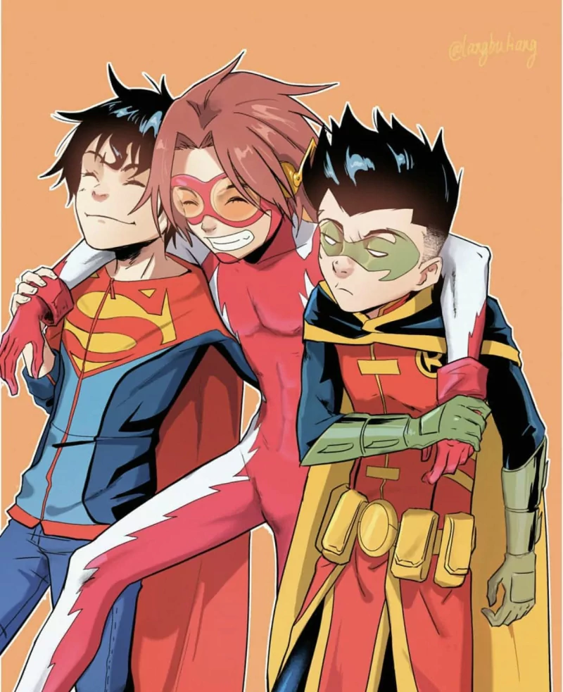 brown hair black hair Damian Wayne Bart Allen Jon Kent Robin (DC Comics) Superboy Impulse (DC Comics) Comic Super-Sons Image