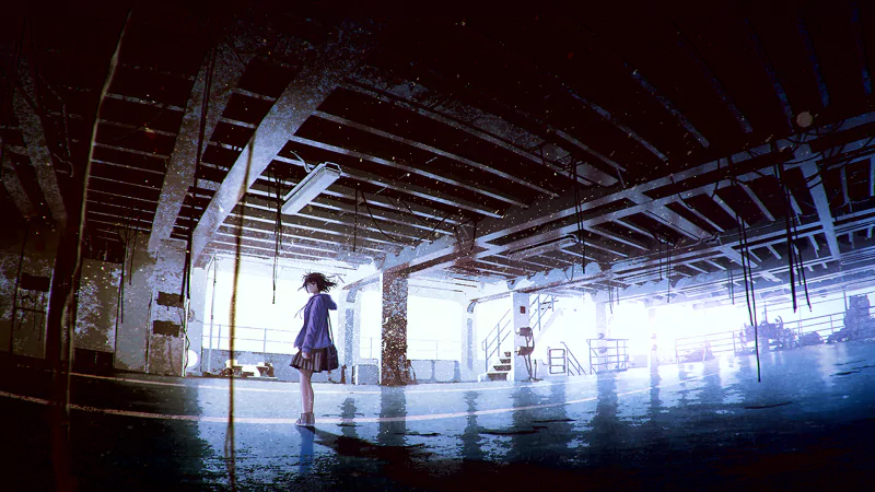 An original anime-style character with short hair and a skirt stands alone in a dimly lit parking garage illuminated by bright light from outside.