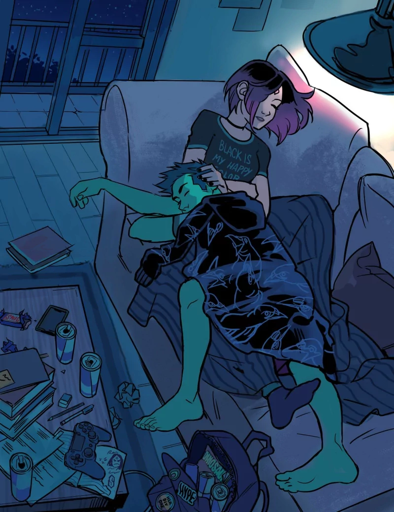 Teen Titans comic at night: Raven with short purple hair naps on a couch while Garfield Logan/Beast Boy with green hair sprawls across her under a blanket; socks, backpack and bare feet nearby.