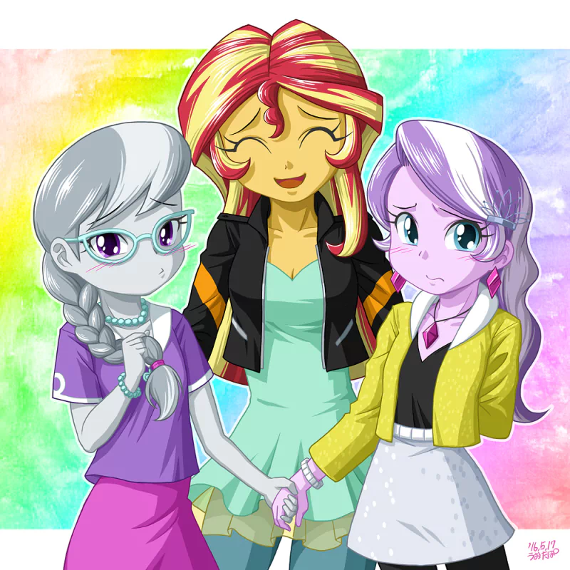 two-toned hair Silver Spoon (My Little Pony) Diamond Tiara (My Little Pony) Sunset Shimmer TV Show My Little Pony: Equestria Girls Image
