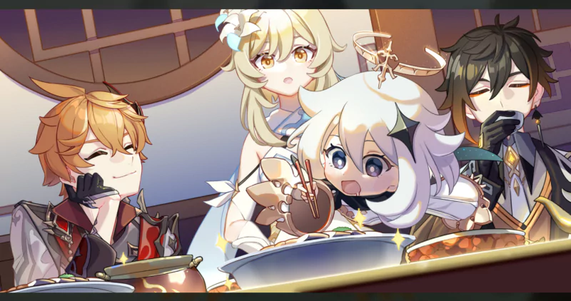 Zhongli, Lumine, Tartaglia (Childe) and Paimon from the video game Genshin Impact share a cheerful meal, Paimon eagerly grabbing food while the others smile around the table.