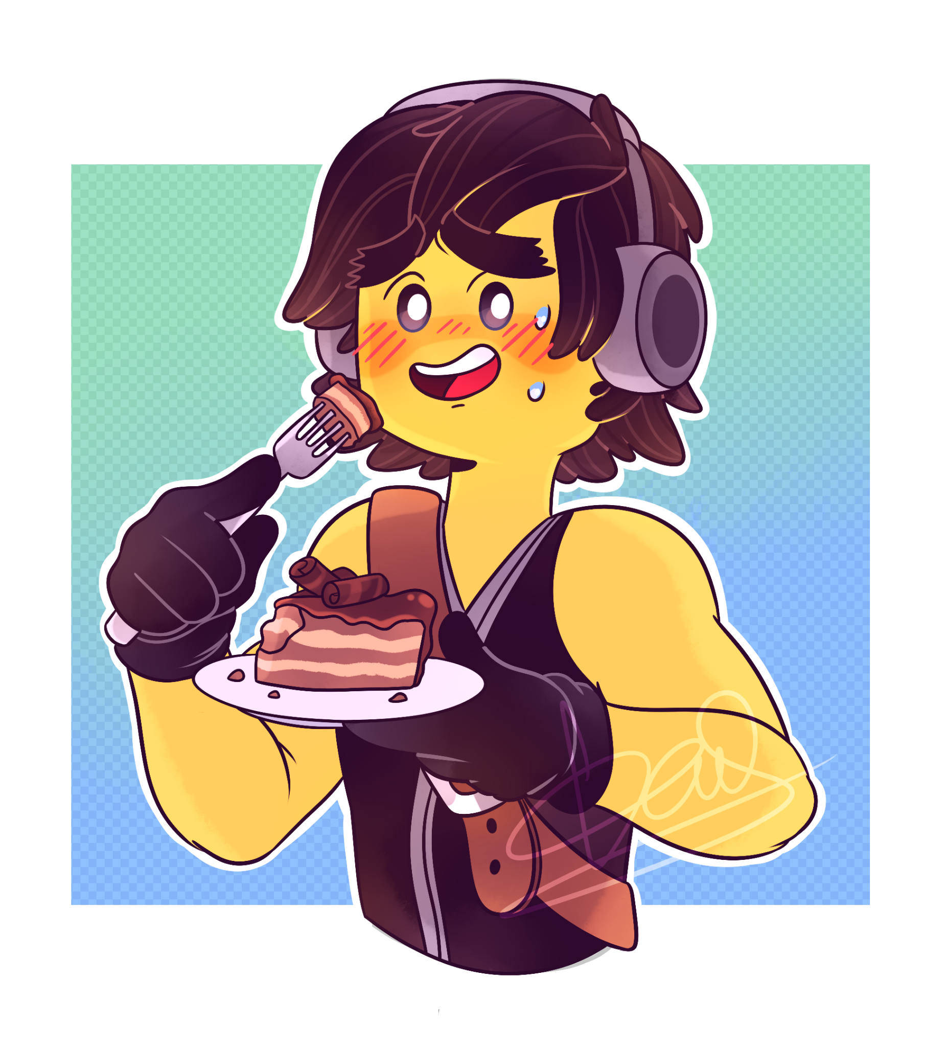 Cole from Lego Ninjago: Masters of Spinjitzu eating a slice of chocolate cake, holding a plate and fork, blushing with sweat beads against a blue-green background.
