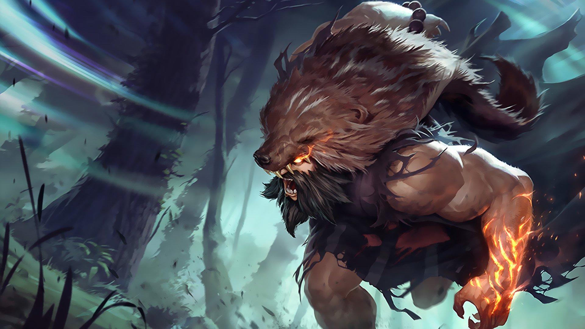 Udyr, a champion from League of Legends, charges through a mystical forest, embodying his fierce animal forms with glowing features and a powerful stance.