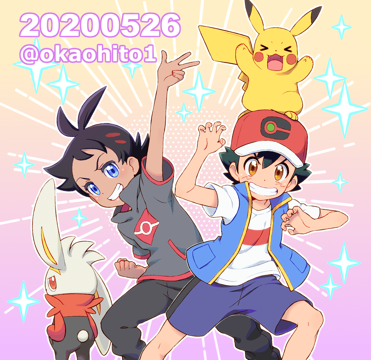 Download Two-toned Hair Brown Eyes Blue Eyes Black Hair Cap Smile Raboot (Pokémon) Pikachu Goh (Pokémon) Ash Ketchum Anime Pokemon Art