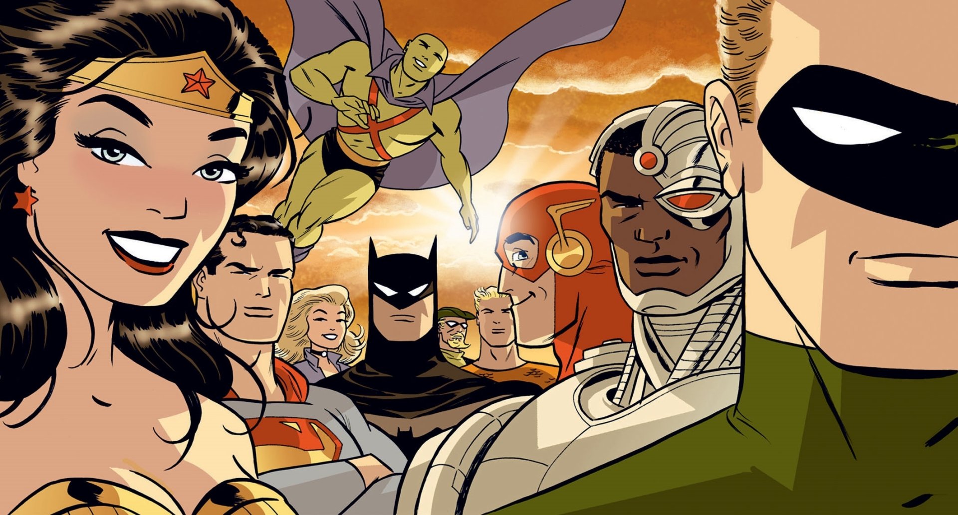 A vibrant illustration of Justice League members, featuring Wonder Woman, Superman, Batman, Flash, Green Lantern, Martian Manhunter, Cyborg, Aquaman, Green Arrow, and Black Canary.