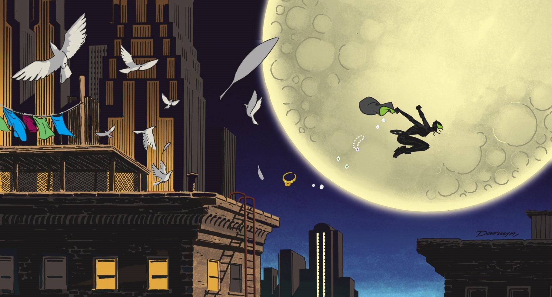 Selina Kyle as Catwoman leaps between rooftops against a full moon over Gotham City, with birds flying near laundry hanging on a line.