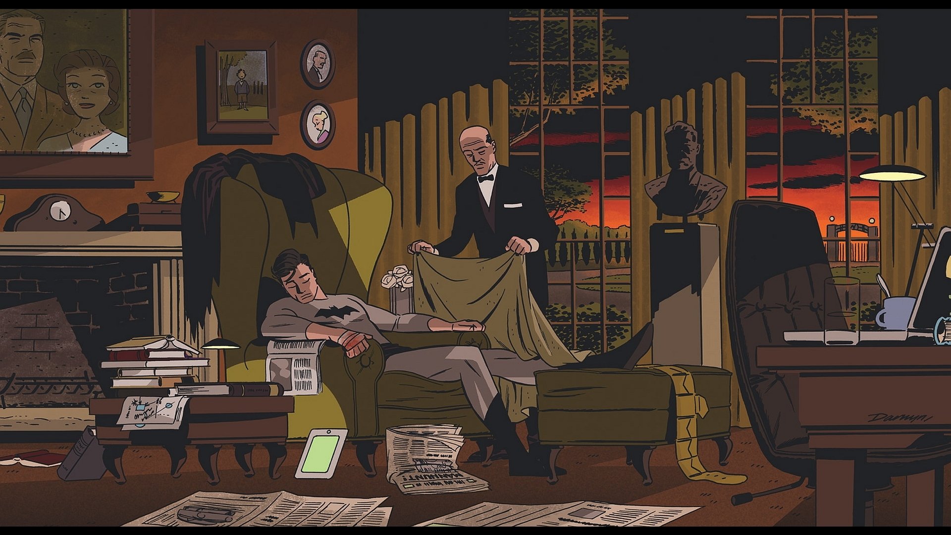 DC Comics scene: Bruce Wayne dozing in his study while Alfred Pennyworth tucks a blanket around him; scattered papers, a Batman bust and the Gotham skyline visible through tall windows.
