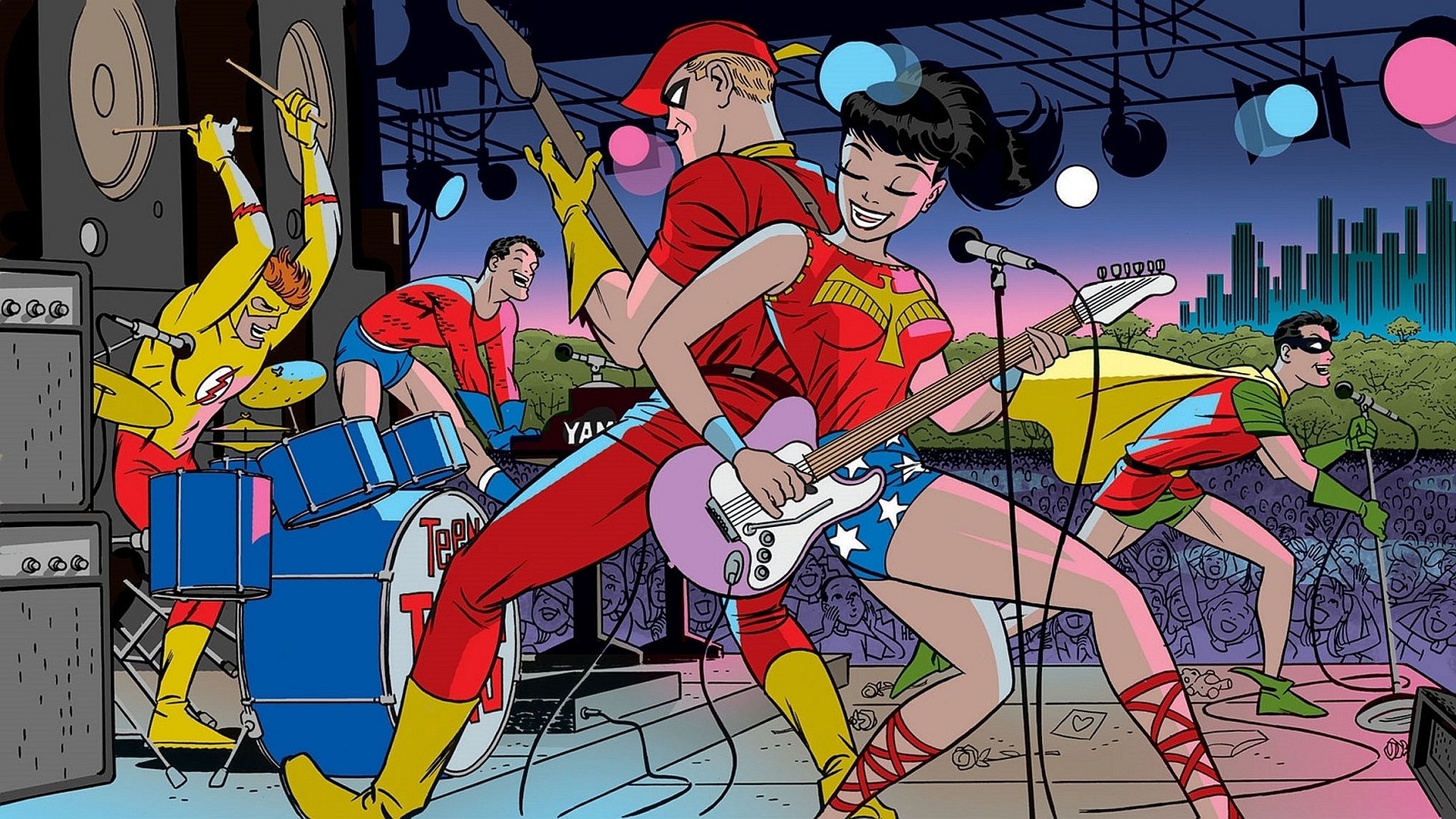 Teen Titans members including Dick Grayson, Donna Troy, Wally West, Garth, and Aqualad perform energetically on stage with guitars and drums in a vibrant comic-style scene.