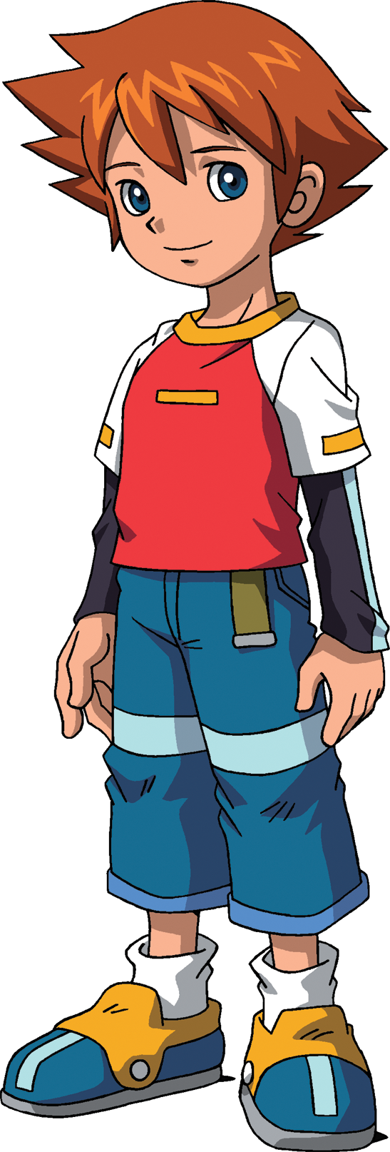 Chris Thorndyke from Sonic X — a young anime boy with spiky orange hair and blue eyes, wearing a red shirt over long sleeves, blue cargo shorts and yellow-blue sneakers, smiling gently.