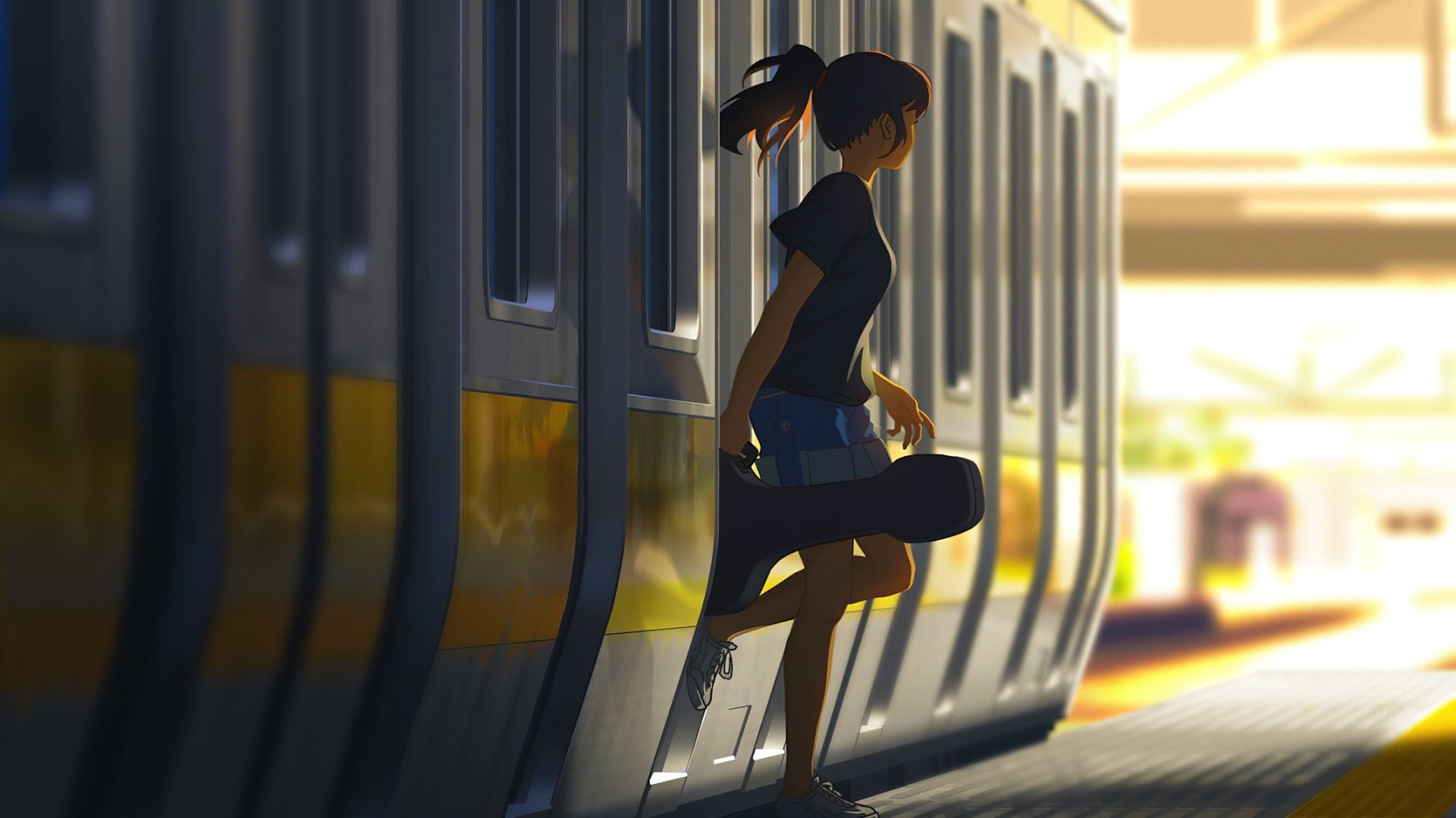 Brunette anime girl with a guitar case leans against an anime-style train on a sunlit station platform, waiting as light streams through the tracks.