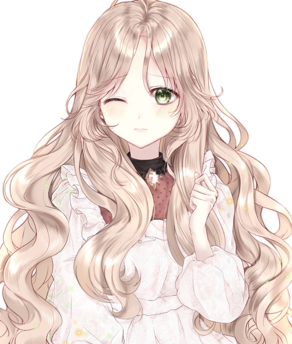 Winking anime girl with long brown hair and bright green eyes, wearing a frilly white dress and a black choker in soft pastel styling.