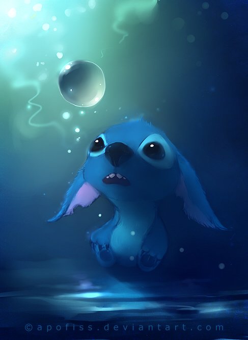 A cute depiction of Stitch from the movie Lilo & Stitch, gazing up at a glowing orb in a softly lit, underwater-like environment.
