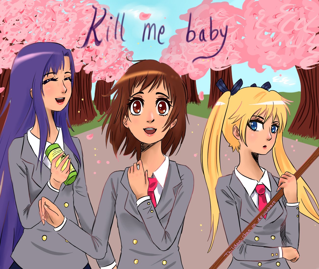 Download Smile Purple Hair Brown Hair Blue Eyes Blonde Yasuna Oribe Sonya (Kill Me Baby) Anime Kill Me Baby Art