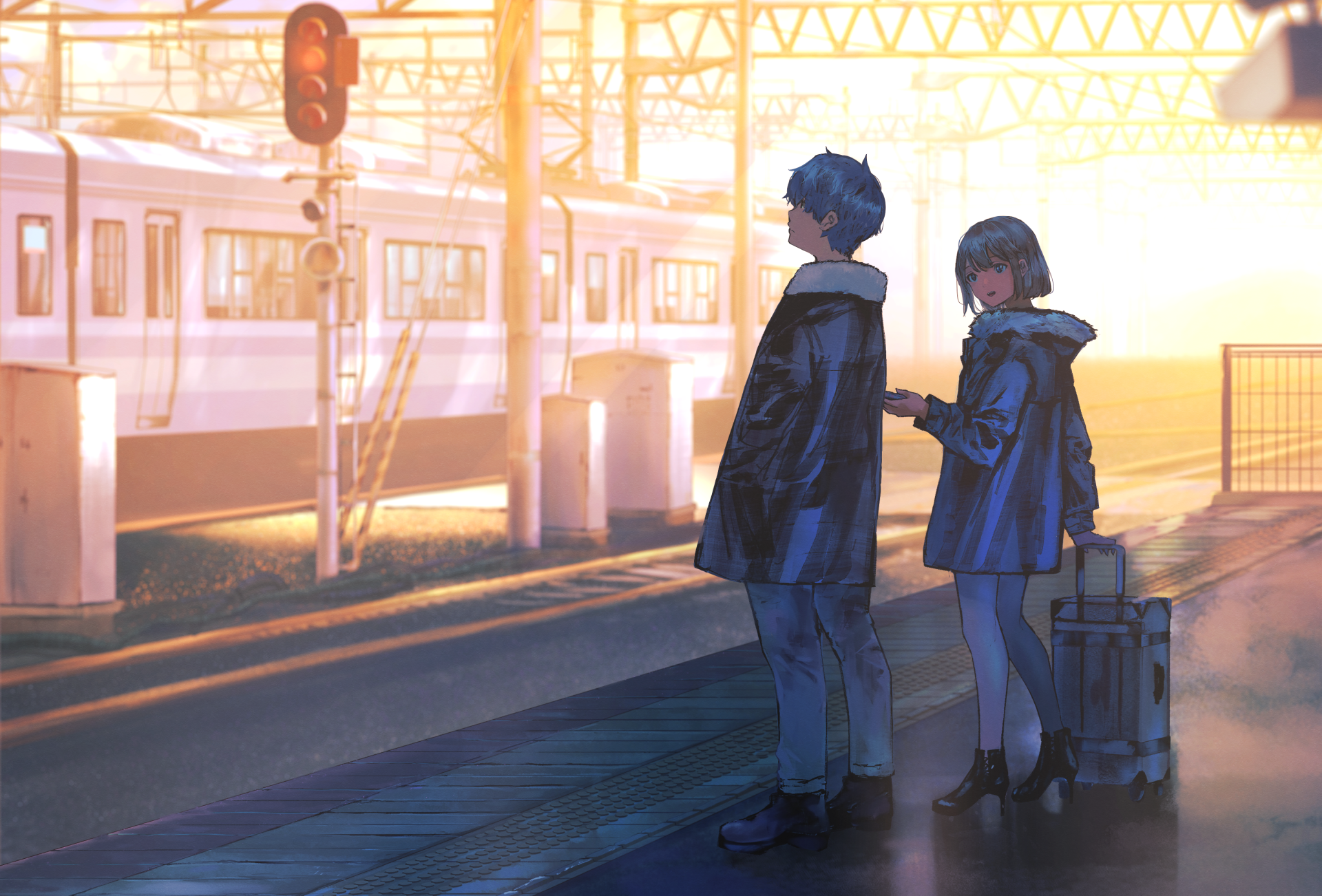 Anime couple stands at a train station during a warm, glowing sunset, with the soft light casting long shadows and a train waiting nearby.