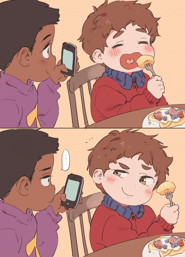 Two-panel cute scene of South Park's Tolkien Black snapping a photo of blushing Clyde Donovan as he eats a pastry, cheeks flushed, shifting from shy to mischievous.