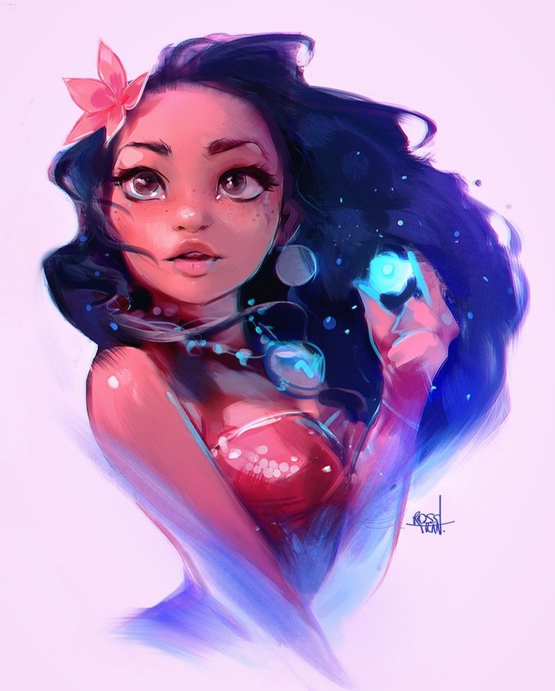 Moana Waialiki from the movie Moana: brown-eyed heroine with flowing dark hair, pink flower, shell necklace and a glowing blue shell in hand.