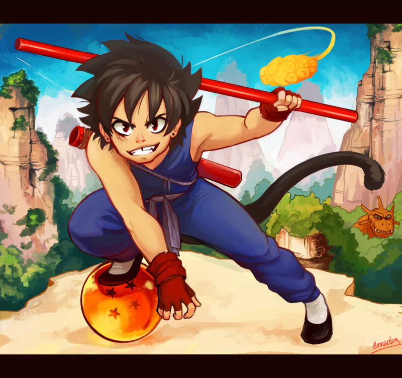 black hair Flying Nimbus smile tail Goku Anime Dragon Ball Image