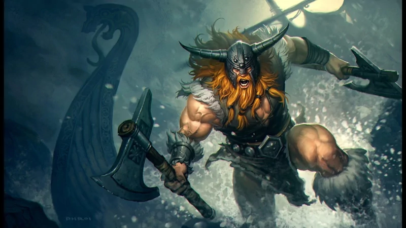 A fierce warrior from League of Legends, Olaf charges through turbulent waters, wielding axes and showcasing his powerful physique, with a Viking ship silhouette in the background.