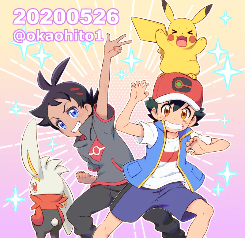 two-toned hair brown eyes blue eyes black hair cap smile Raboot (Pokémon) Pikachu Goh (Pokémon) Ash Ketchum Anime Pokemon Image