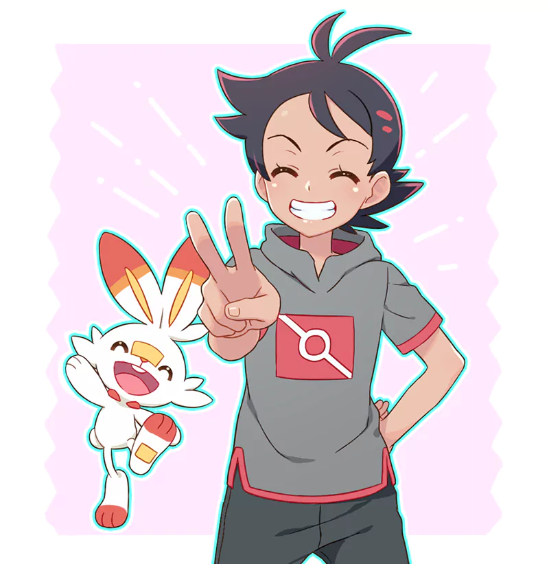 Scorbunny (Pokémon) smile Goh (Pokémon) peace sign Anime Pokemon Image