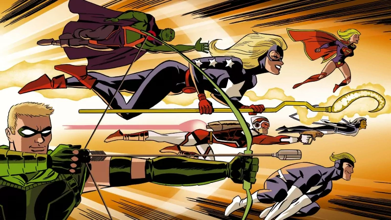 A dynamic scene featuring Oliver Queen, Adam Strange, Stargirl, Supergirl, Martian Manhunter, and Green Arrow from DC Comics, soaring through a vibrant, action-packed background.