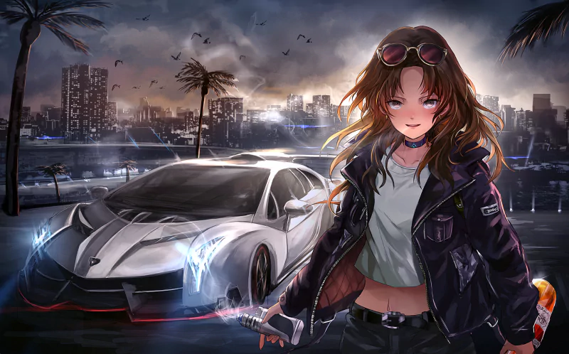 Anime girl with long hair and sunglasses stands confidently by a sleek sports car at dusk, with a city skyline and palm trees in the background.