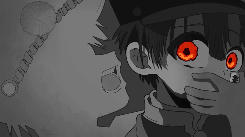 Close-up of Hanako-kun from Toilet-bound Hanako-kun: hand over mouth, glowing red-orange eyes, stark grayscale shading and a hanging toilet chain in the shadowy background.
