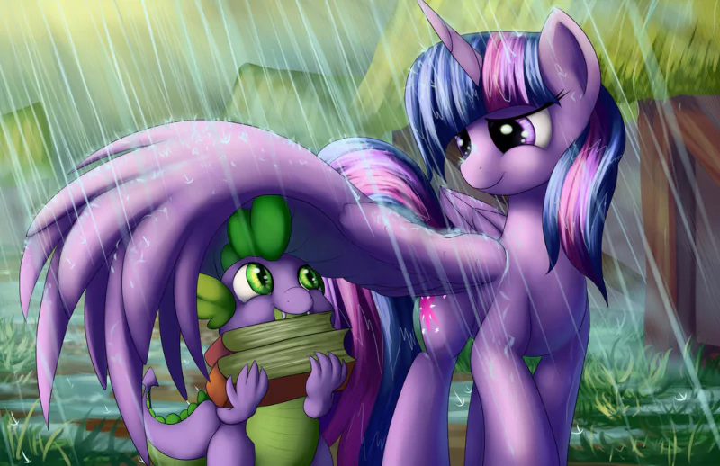 rain purple eyes green eyes Twilight Sparkle Spike (My Little Pony) TV Show My Little Pony: Friendship Is Magic Image