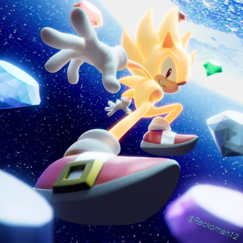 Super Sonic from the Sonic the Hedgehog video game streaks through space among floating Chaos Emeralds, leaping toward the viewer wearing red-and-white sneakers.