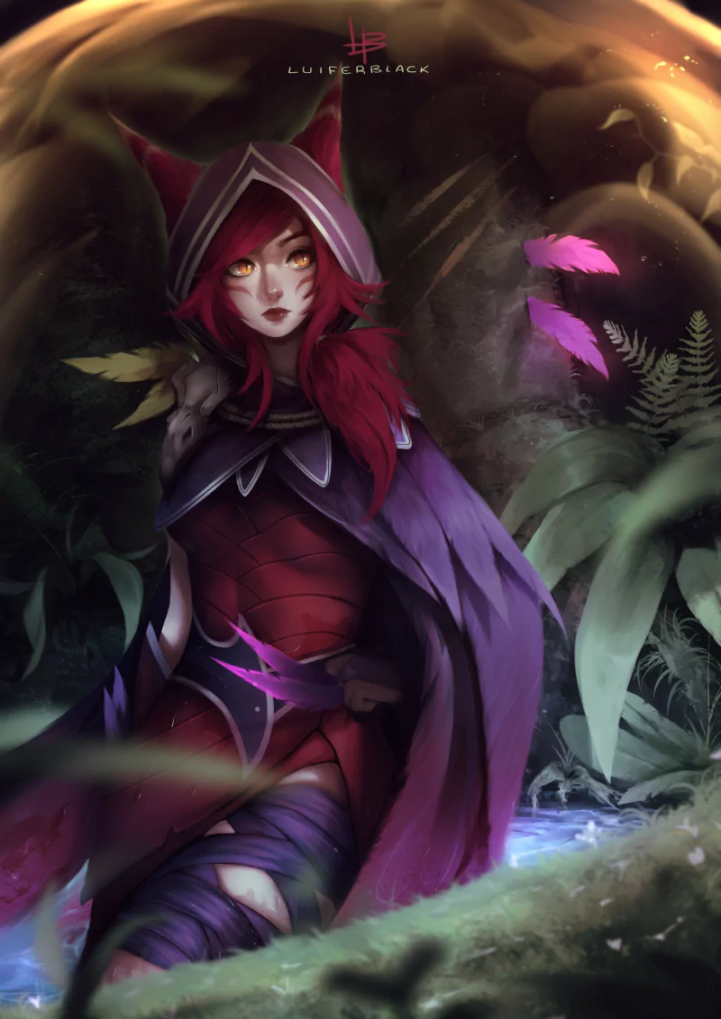 Xayah from the video game League of Legends: red-haired, fox-eared avian woman in a purple feathered cloak with glowing eyes, sitting by a moonlit forest pool as magenta feathers drift around her.