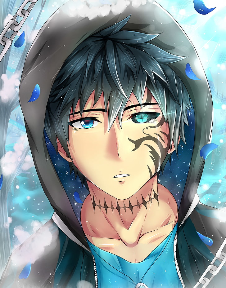 anime boy with blue hair and green eyes