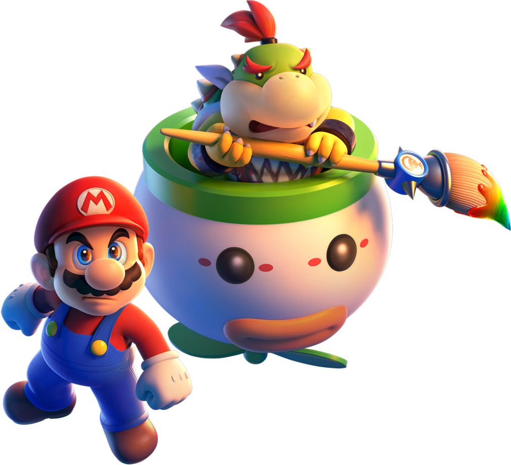Mario standing next to Bowser Jr. riding his clown car from Bowser’s Fury, artwork for the Super Mario 3D World + Bowser’s Fury video game.