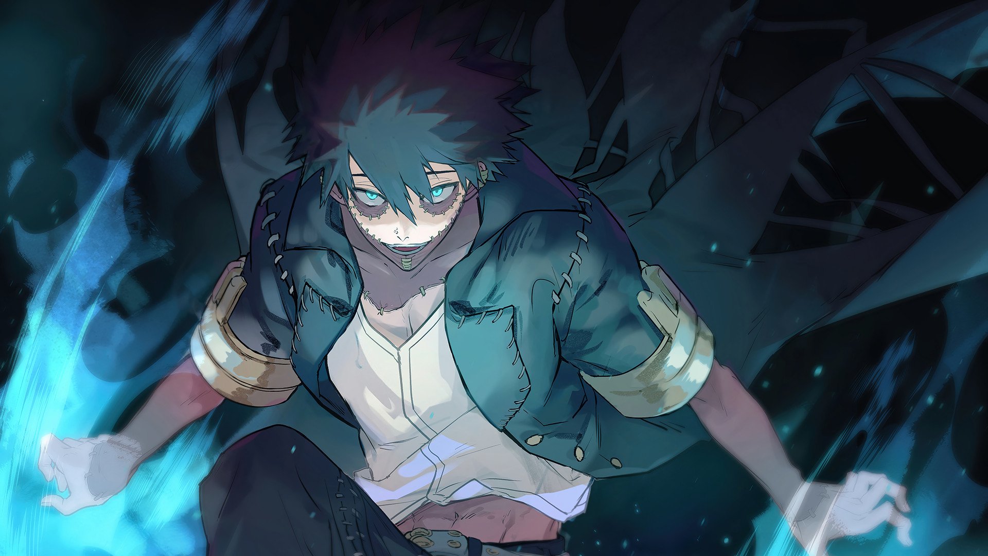 Dabi from My Hero Academia (Boku no Hero Academia) crouches as blue flames erupt from his hands, his stitched scars and dark jacket lit by a dramatic anime glow.