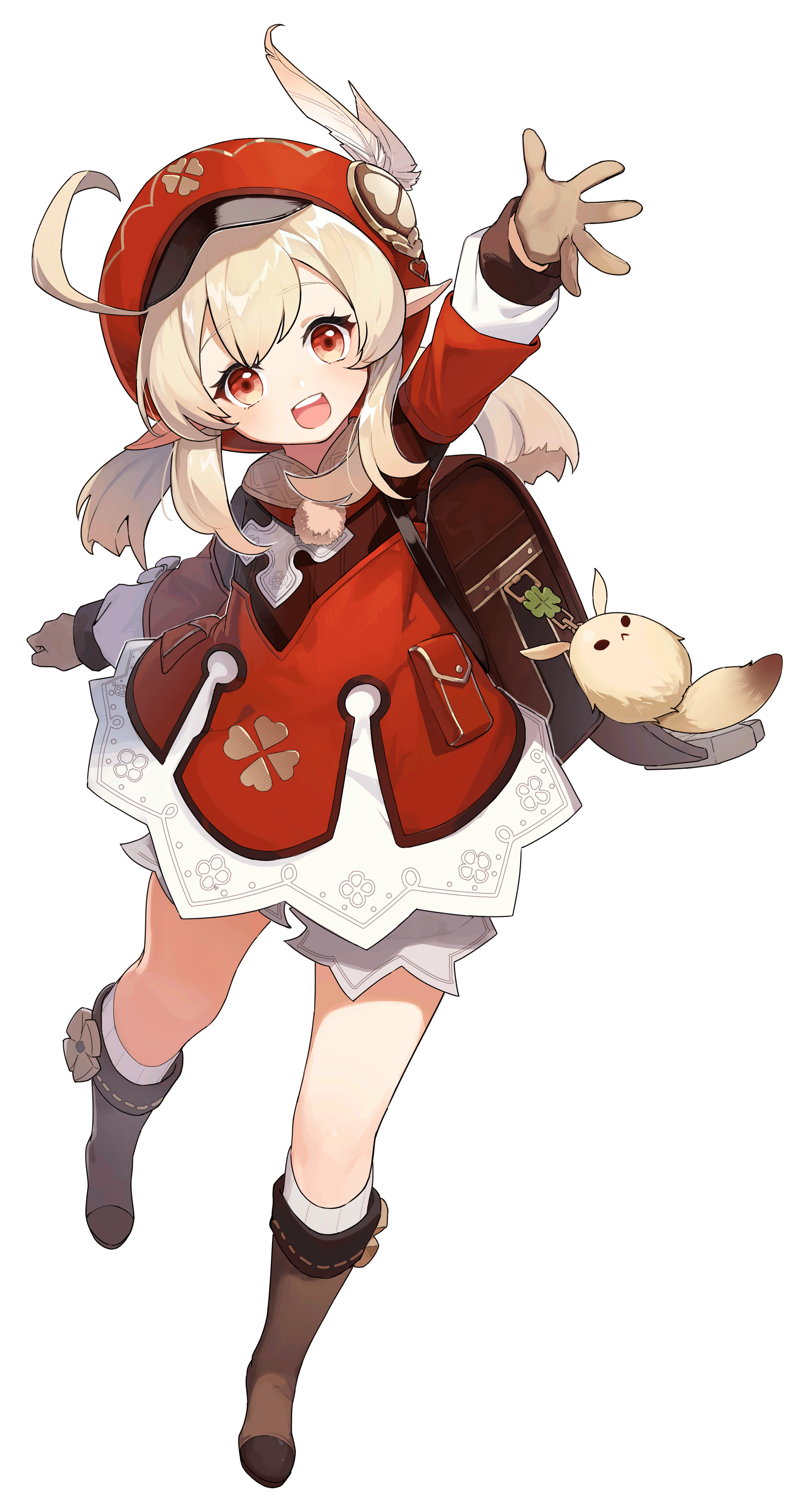 Klee from Genshin Impact, dressed in her red outfit and hat, reaching out with a cheerful expression, accompanied by her small floating companion.