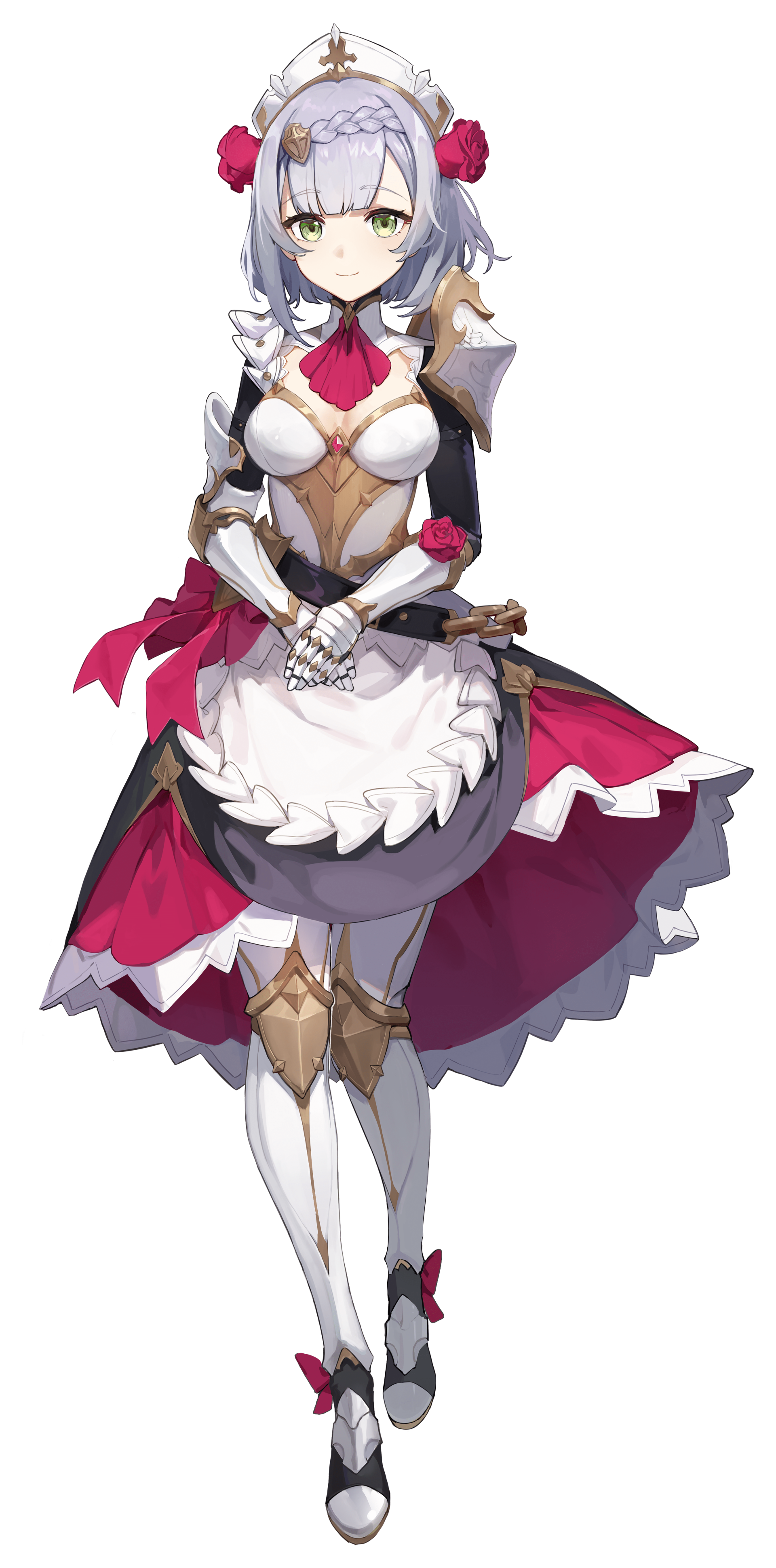 Noelle from the video game Genshin Impact in her maid-inspired armor: silver hair, rose accents, white-and-pink dress with apron, gauntlets and greaves, hands clasped politely.