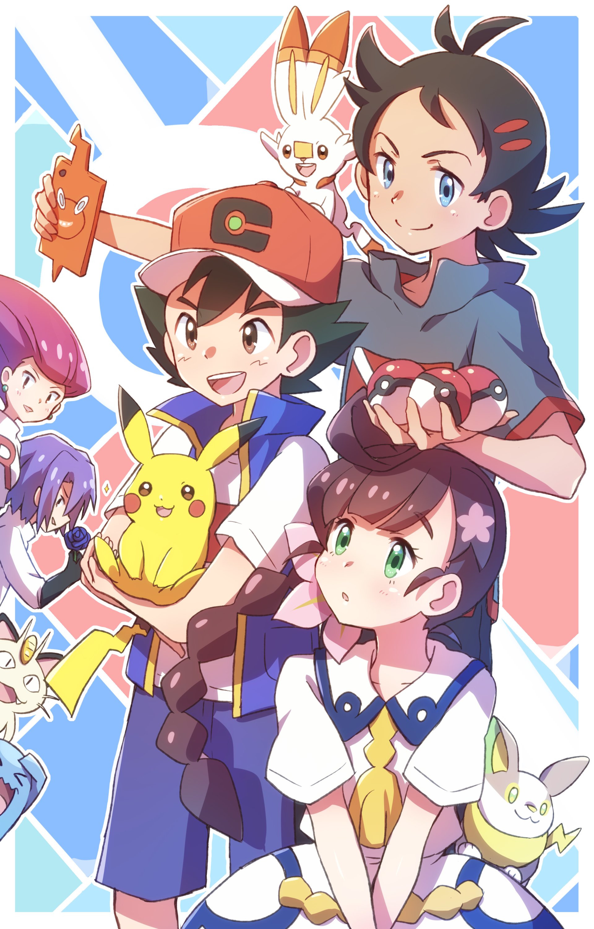 Anime Pokémon group: Ash Ketchum, Goh (blue eyes), Chloe (green eyes) with Pikachu, Scorbunny, Wobbuffet, Meowth, and Jessie and James posing with Poké Balls.