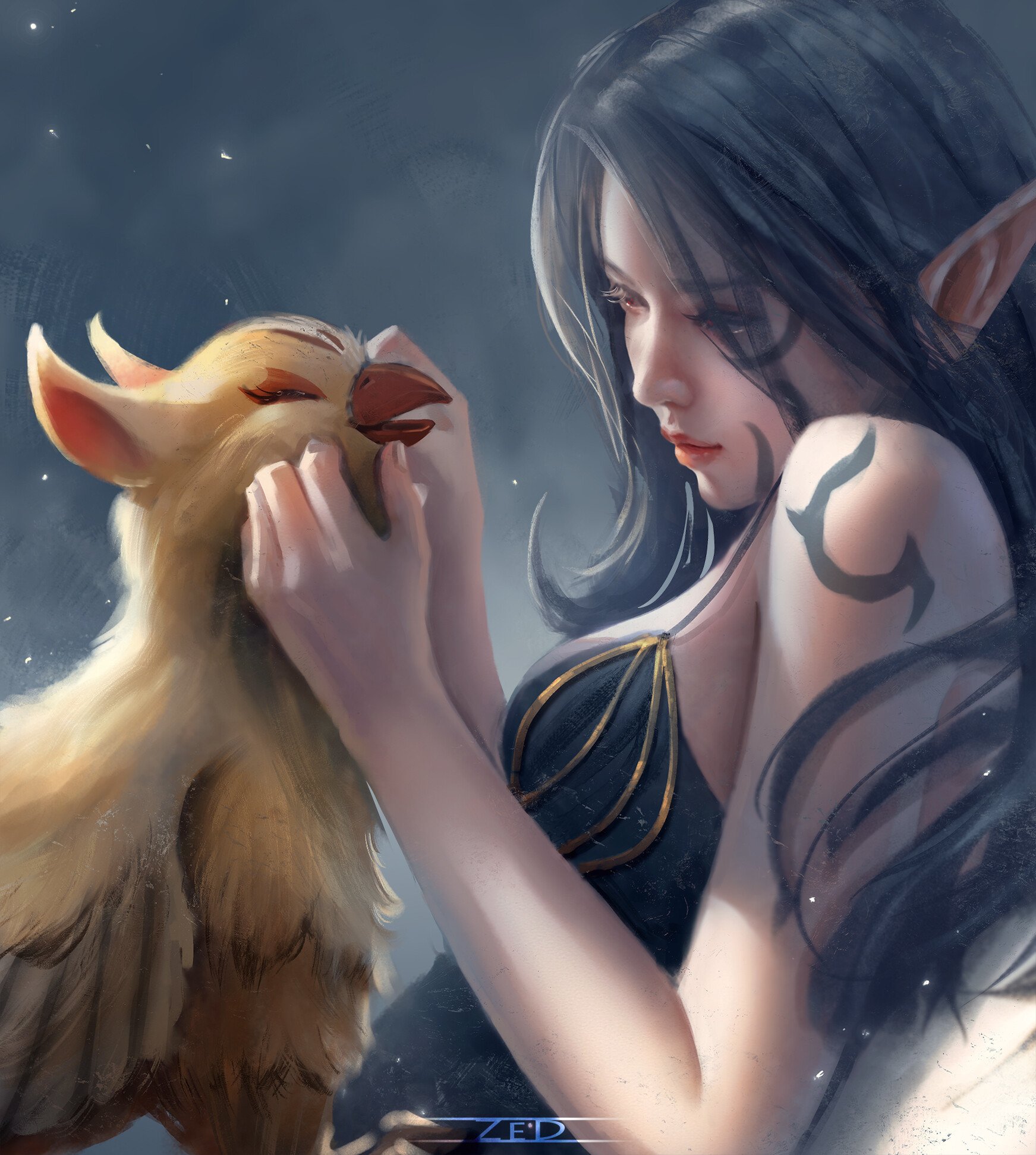 A fantasy elf with long dark hair gently caresses a large, bird-like creature, sharing a quiet, magical moment.