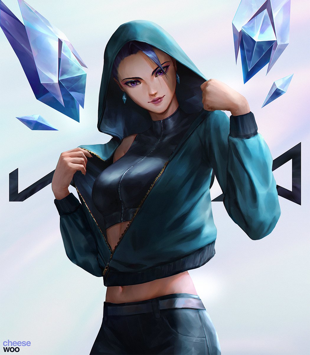Kai'Sa from League of Legends, wearing a teal hooded jacket, surrounded by floating crystal shards in a dynamic video game-inspired artwork.