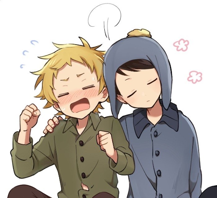 Blonde Tweek Tweak shouting while Craig Tucker, in his signature ear-flap hat, leans on him — South Park characters.